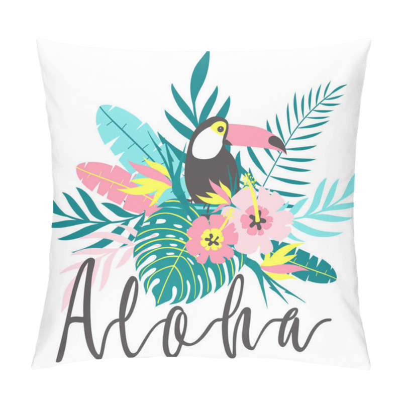 Personality  Toucan With Tropical Flowers, Palm Leaves, Hibiscus, Vector Illustration  Pillow Covers