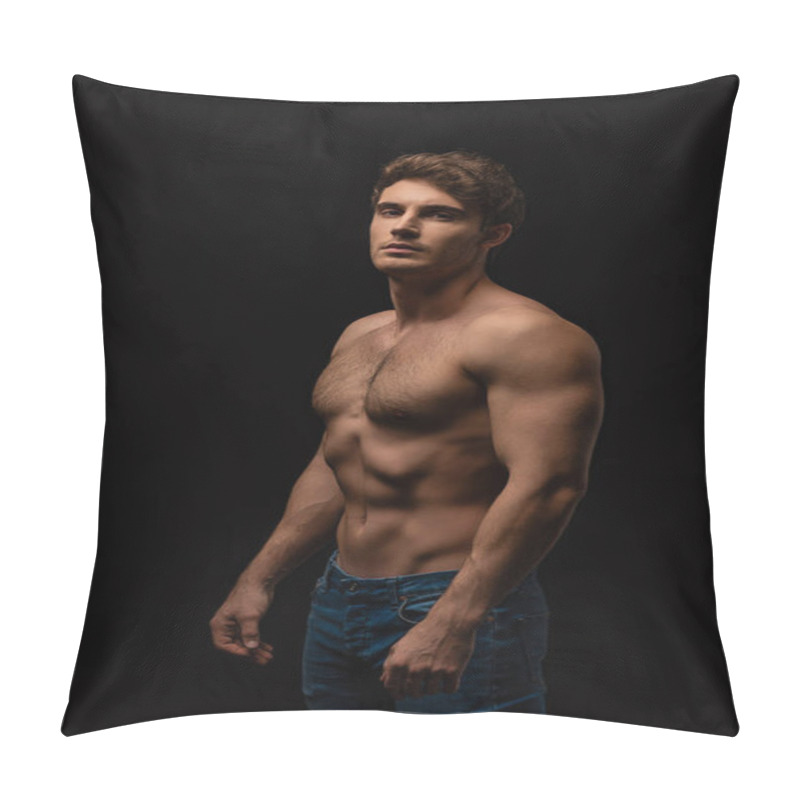 Personality  Sexy Man In Jeans With Bare Muscular Torso Isolated On Black Pillow Covers