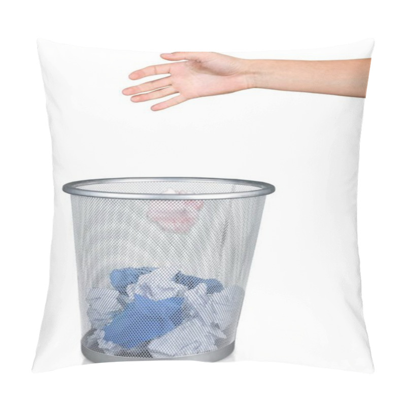 Personality  Hand Throwing Out Paper Into Trashcan Isolated On White Background  Pillow Covers