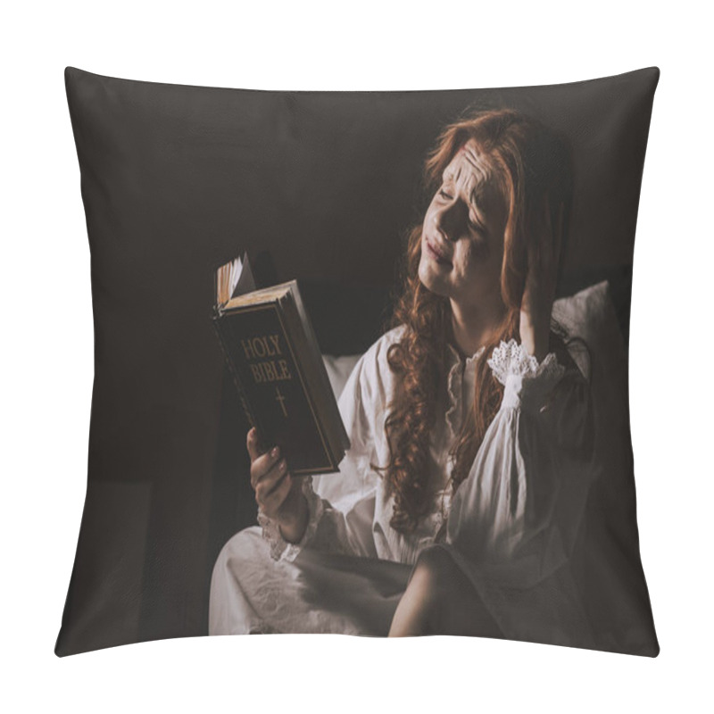 Personality  Creepy Demoniacal Crying Woman Reading Holy Bible On Bed Pillow Covers