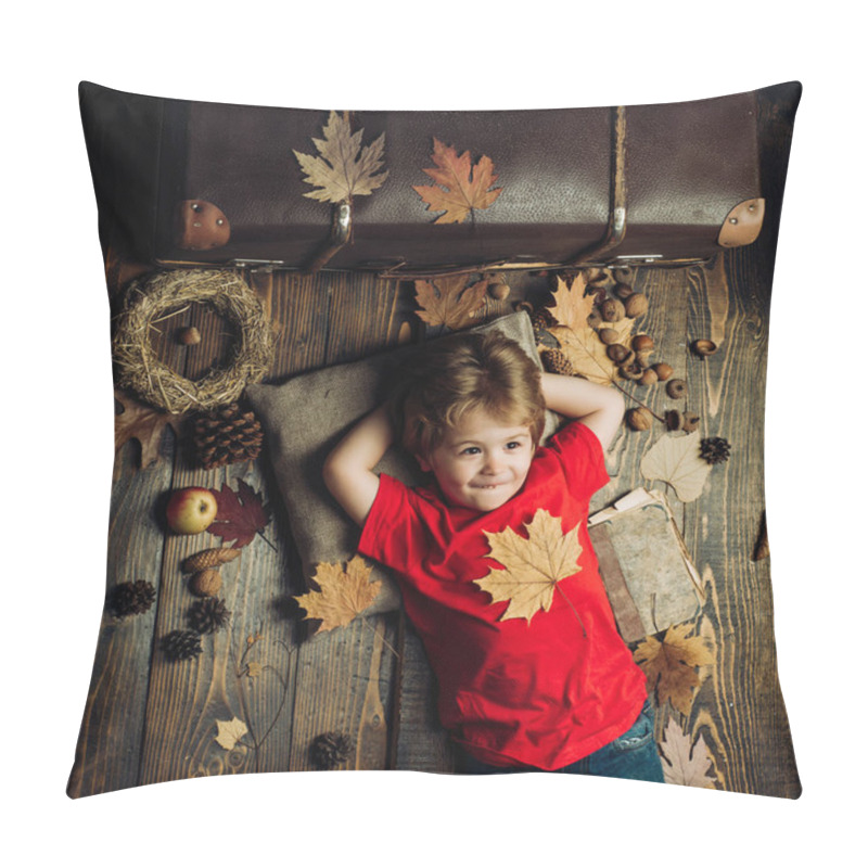 Personality  Smiling Little Boy Playing With Leaves. Smiling Little Boy Wearing In Fashionable Seasonal Clothes Having Autumnal Mood. Blonde Little Boy Resting With Leaf On Stomach Lies On Wooden Floor In Leaves. Pillow Covers