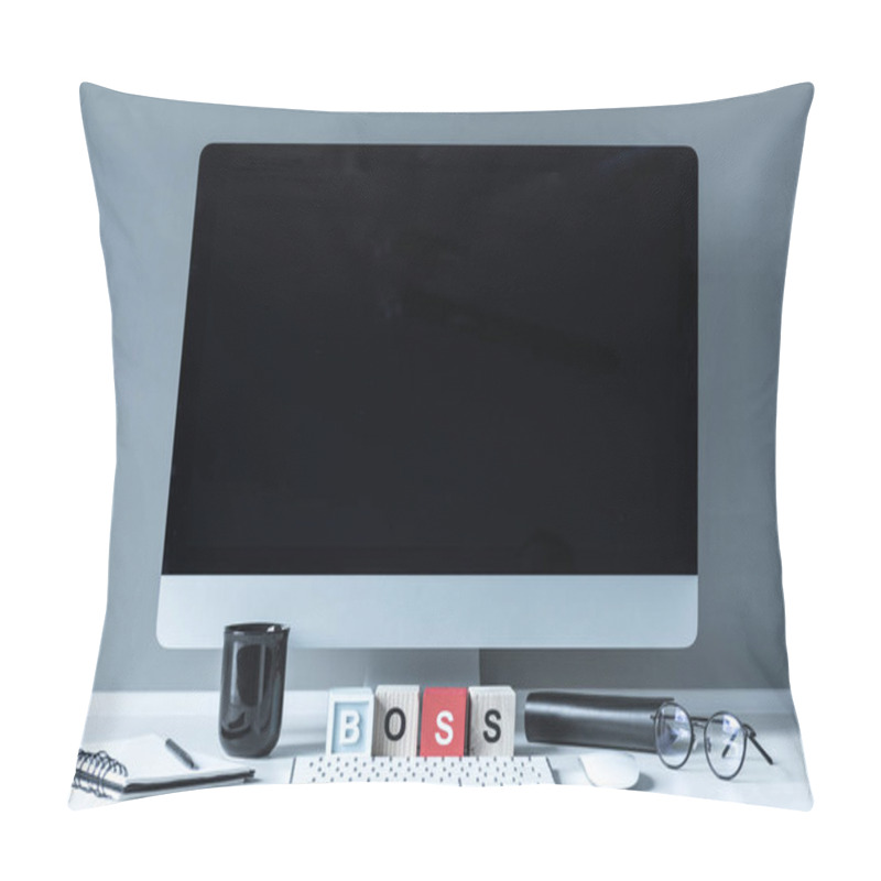 Personality  Computer And Wooden Cubes With Word Boss On White Tabletop Pillow Covers