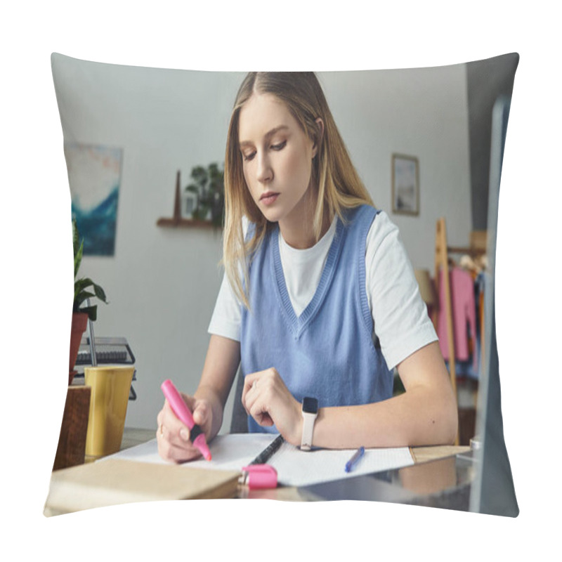 Personality  A Teenage Girl Is Focused On Her Studies, Surrounded By Modern Decor And Plants In Her Room Pillow Covers