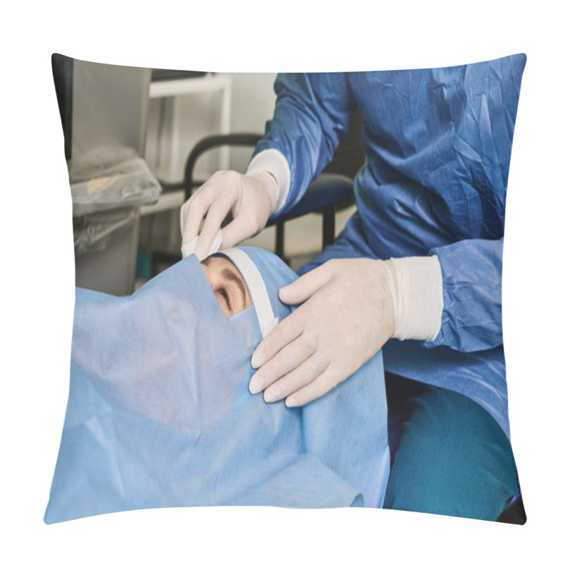 Personality  A Woman In A Blue Shirt And White Gloves Receiving Laser Vision Correction At The Doctors Office. Pillow Covers