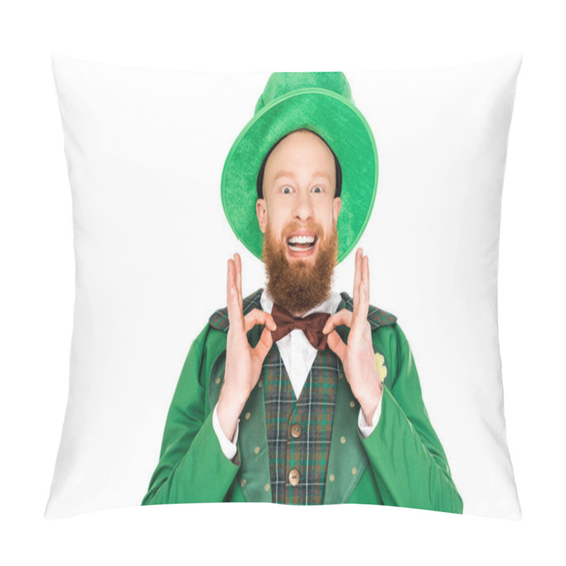 Personality  Excited Man In Green Leprechaun Costume And Bow Tie, Isolated On White Pillow Covers