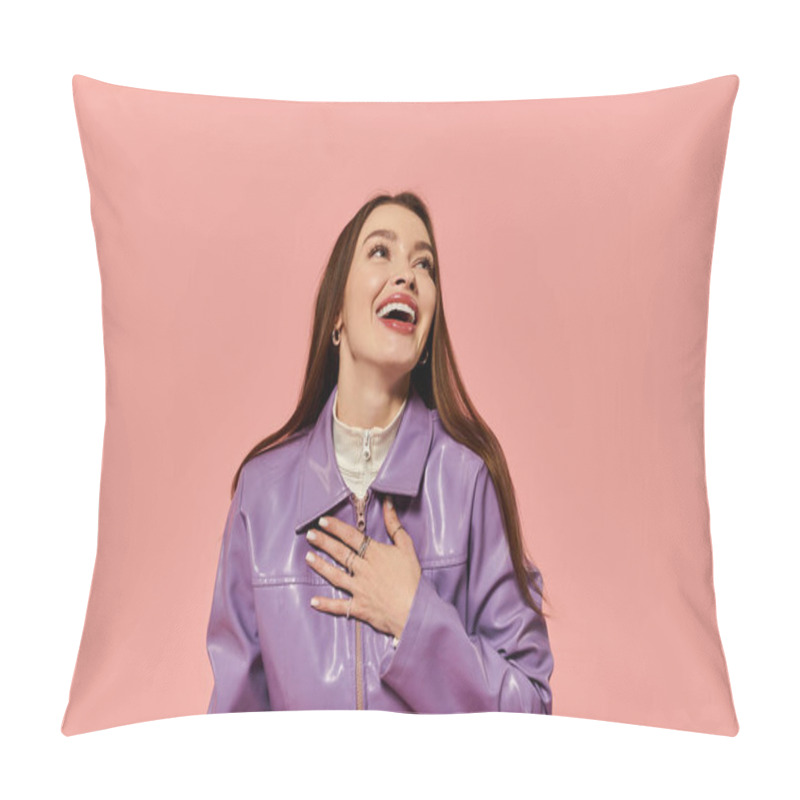 Personality  A Beautiful Woman Smiles Warmly, Flaunting Her Vibrant Style In A Chic Purple Jacket. Pillow Covers