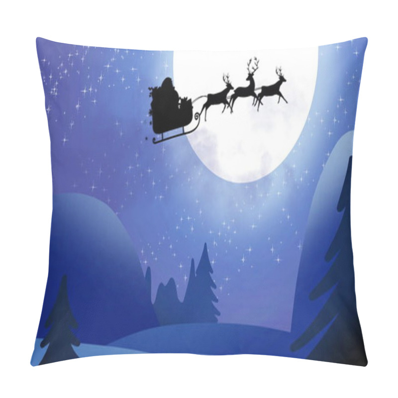 Personality  Image Of A Black Silhouette Of Santa Claus In Sleigh Being Pulled By Reindeers With Full Moon In The Background.  Pillow Covers