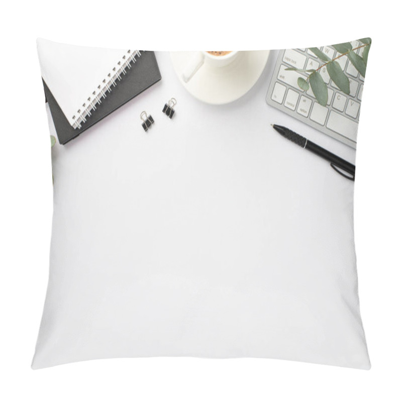 Personality  Business Concept. Top View Photo Of Workspace Keyboard Black And White Reminders Pen Binder Clips Cup Of Coffee On Saucer And Eucalyptus On Isolated White Background With Copyspace Pillow Covers