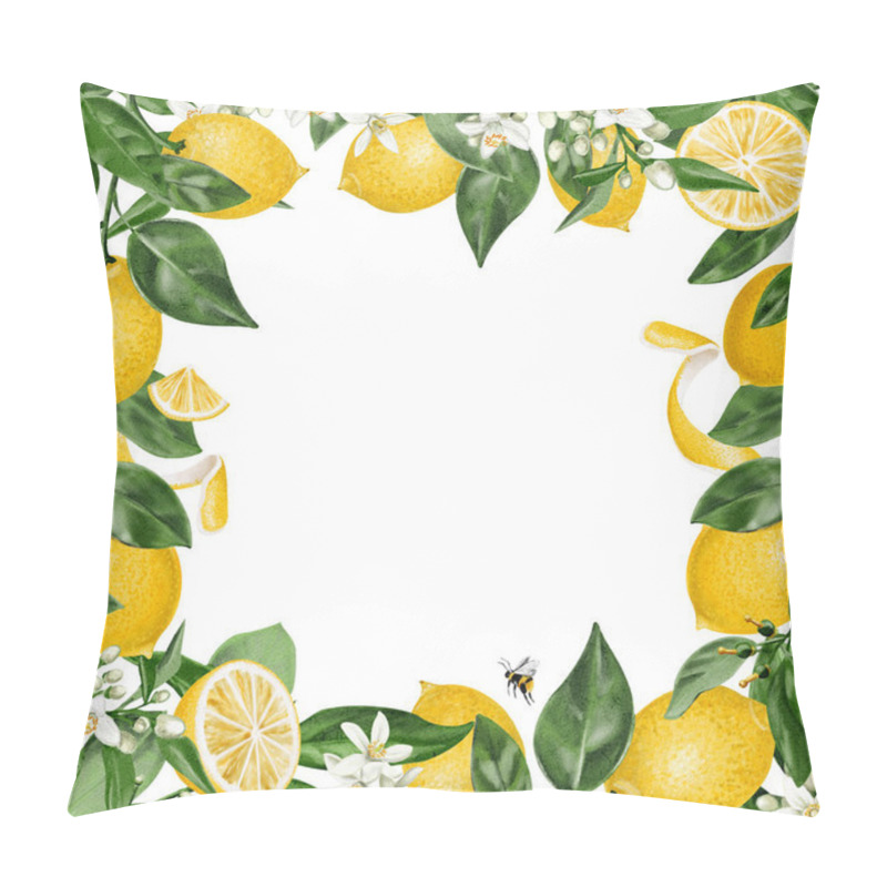 Personality  Frame Of Lemons And Flowers. Square Botanical Frame With Orange Blossom. Leaves, Flowers And Yellow Citrus Fruits. Watercolor Illustration On A Transparent Background. Pillow Covers