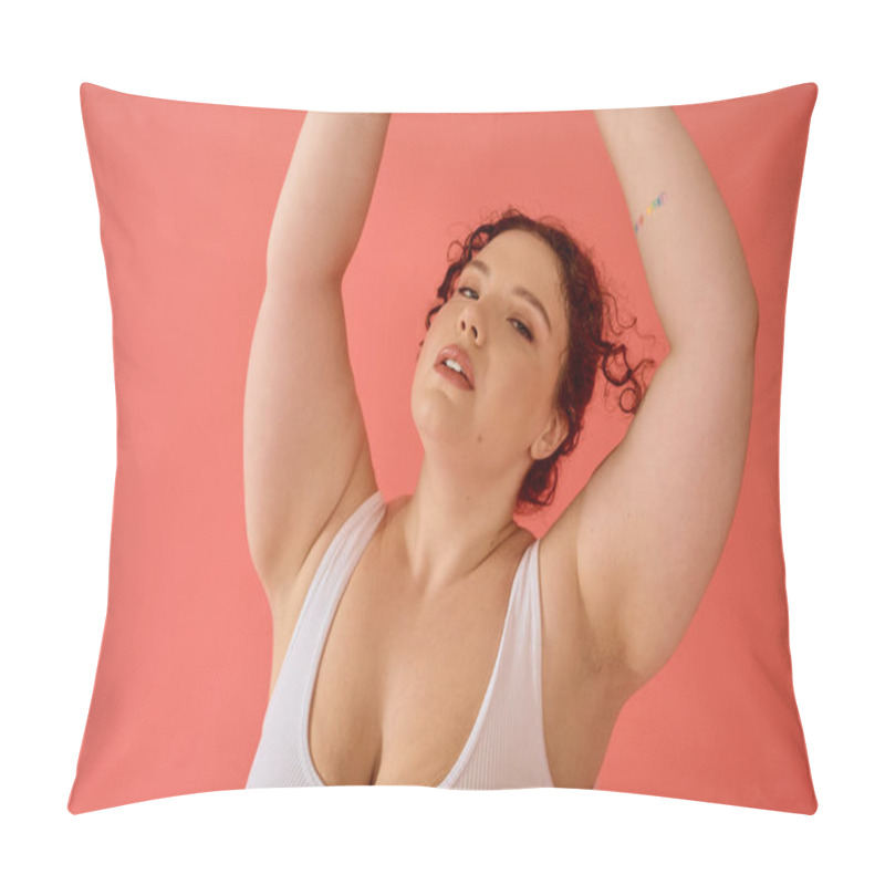 Personality  A Stunning Plus Size Woman Radiates Confidence With Her Arms Raised, Exuding Beauty And Joy. Pillow Covers