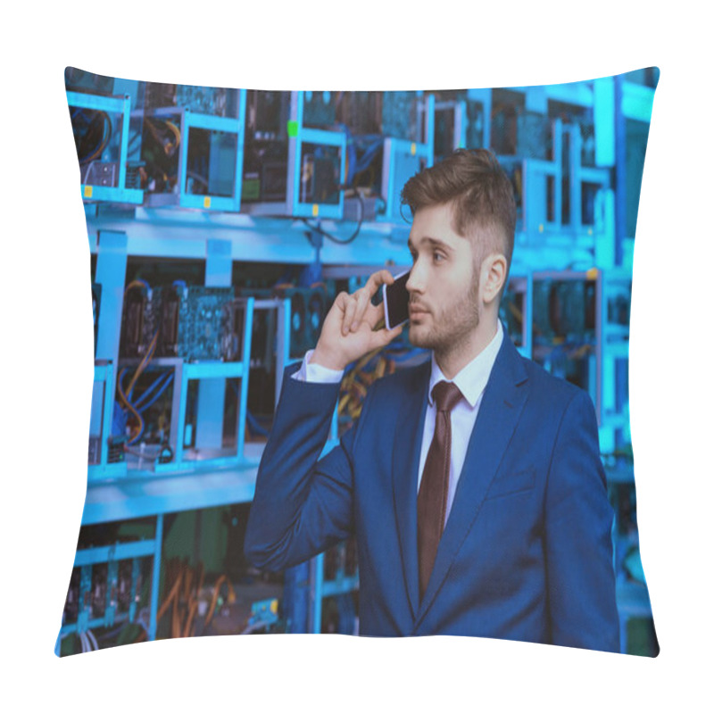 Personality  Successful Young Businessman Talking By Phone At Ethereum Mining Farm Pillow Covers