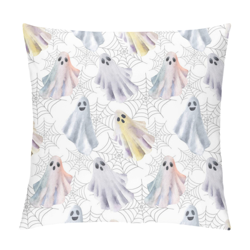 Personality  Funny Halloween Ghosts Watercolour Seamless Pattern. Halloween Illustration. Hand Drawn Style. Cute Little Ghosts With Spider Web On Web Background. Pillow Covers