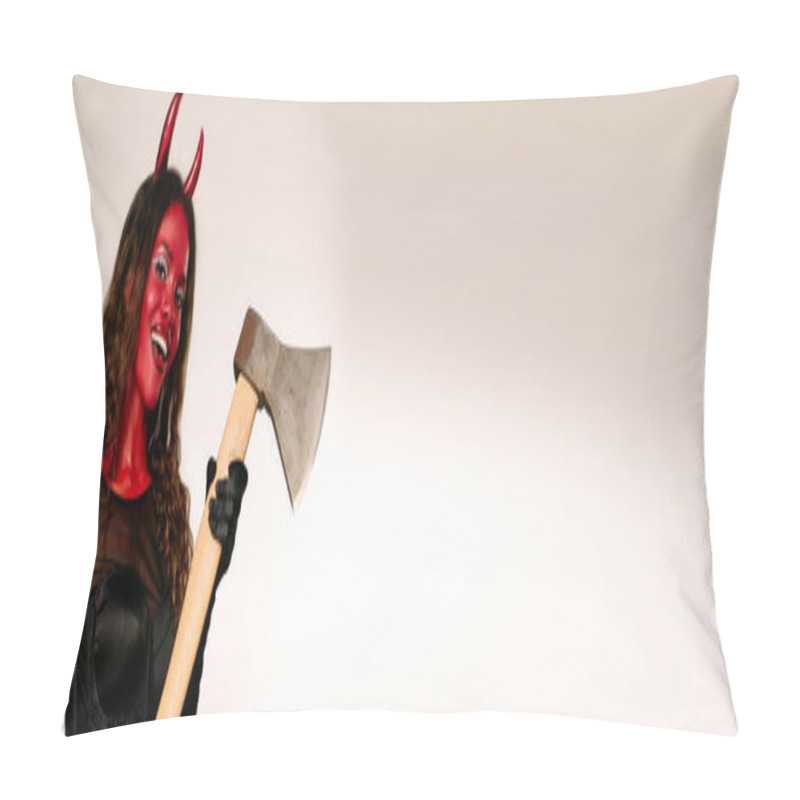 Personality  A Confident Woman In A Devil Costume Holds An Axe, Embodying Halloween Spirit. Pillow Covers