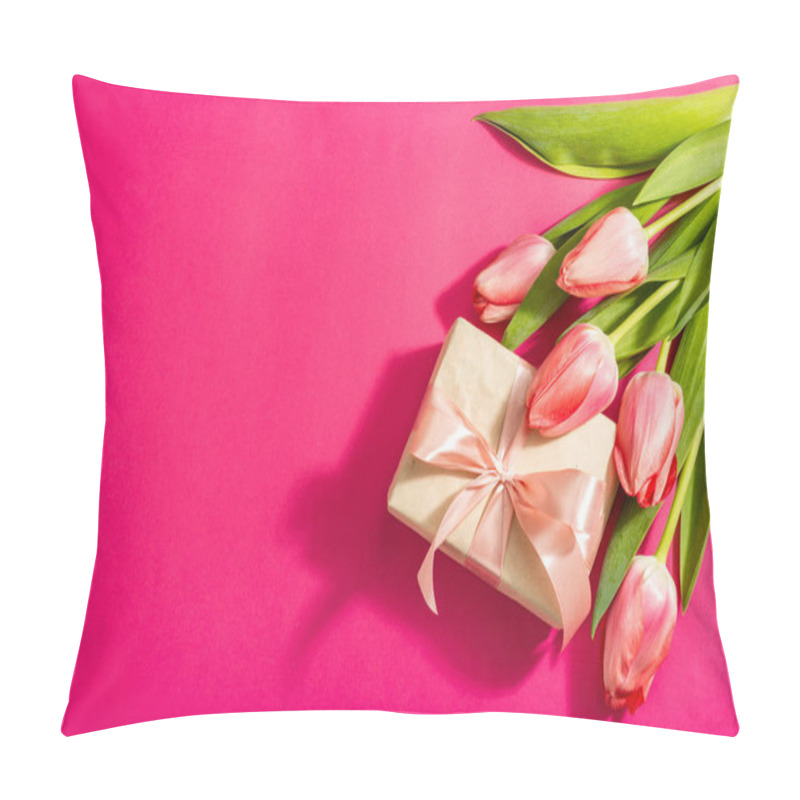 Personality  Greeting Concept Flower Composition, A Bouquet Of Pink Tulips, And A Gift. International Women's, Valentines, Or Mother's Day, Wedding. Magenta Background, Flat Lay Pillow Covers