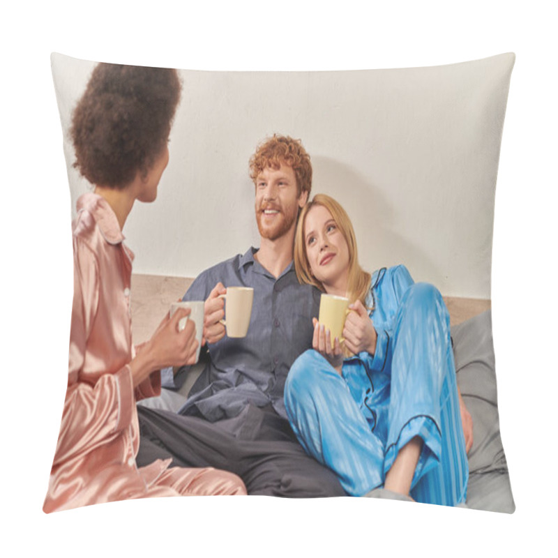 Personality  Open Relationship Concept, Redhead Man And Interracial Women In Pajamas Holding Cups Of Morning Coffee, Lifestyle, Bisexual, Understanding, Three Adults, Cultural Diversity, Acceptance  Pillow Covers