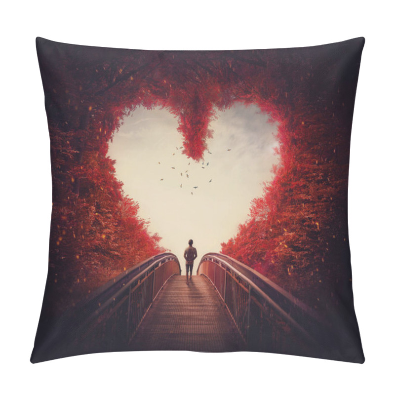 Personality  Follow Your Heart Concept. A Lone Person Lost In The Autumn Forest, Found The Way Out Of The Woods, As Walks A Path Through The Heart Shaped Trees. Surreal And Magic Scene, Red Fall Colors. Pillow Covers