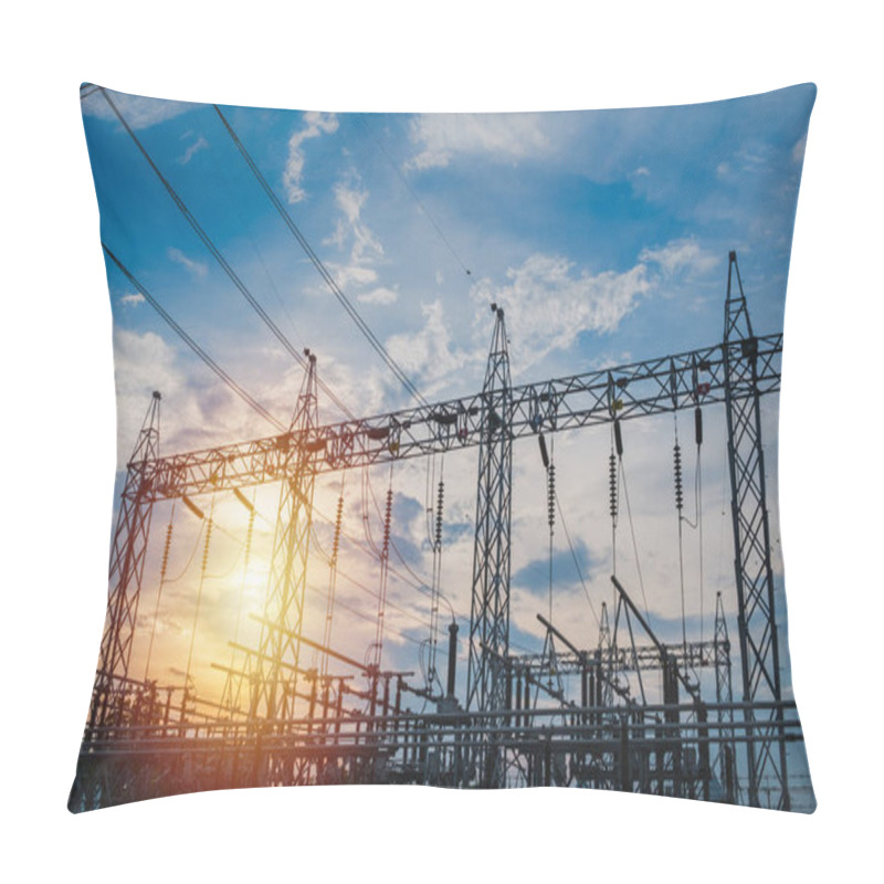 Personality  Sunset Behind Substation Towers With Blue Sky Pillow Covers