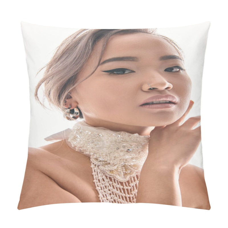 Personality  Close Up Of Grace Asian Bride With Luxury Necklace Framing With Hands To Face On White Background Pillow Covers