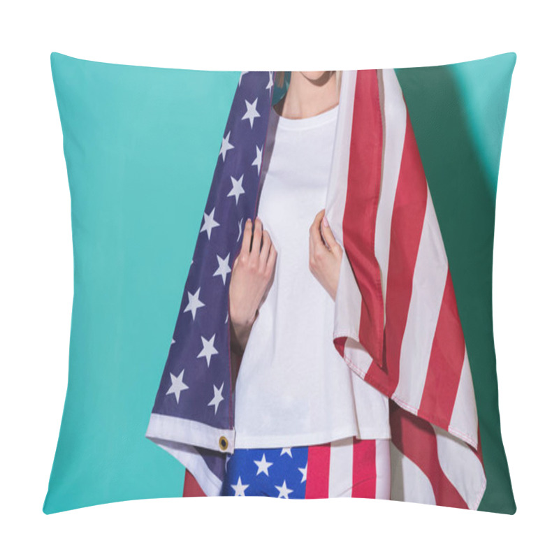 Personality  Partial View Of Woman In White Shirt With American Flag On Blue Backdrop, Celebrating 4th July Concept Pillow Covers