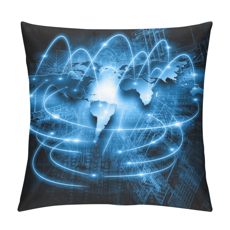 Personality  World Map On A Technological Background, Glowing Lines Symbols Of The Internet, Radio, Television, Mobile And Satellite Communications. Pillow Covers