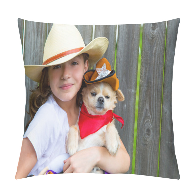 Personality  Beautiful Cowboy Kid Girl Holding Chihuahua With Sheriff Hat Pillow Covers