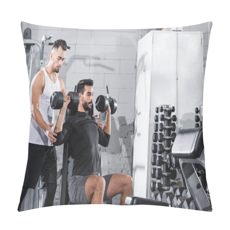 Personality  Trainer Helping Arabian Sportsman With Dumbbells In Sports Center  Pillow Covers