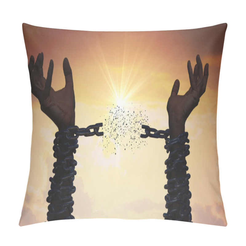 Personality  Silhouettes Of Hands Are Breaking Chain. Freedom Concept. Pillow Covers