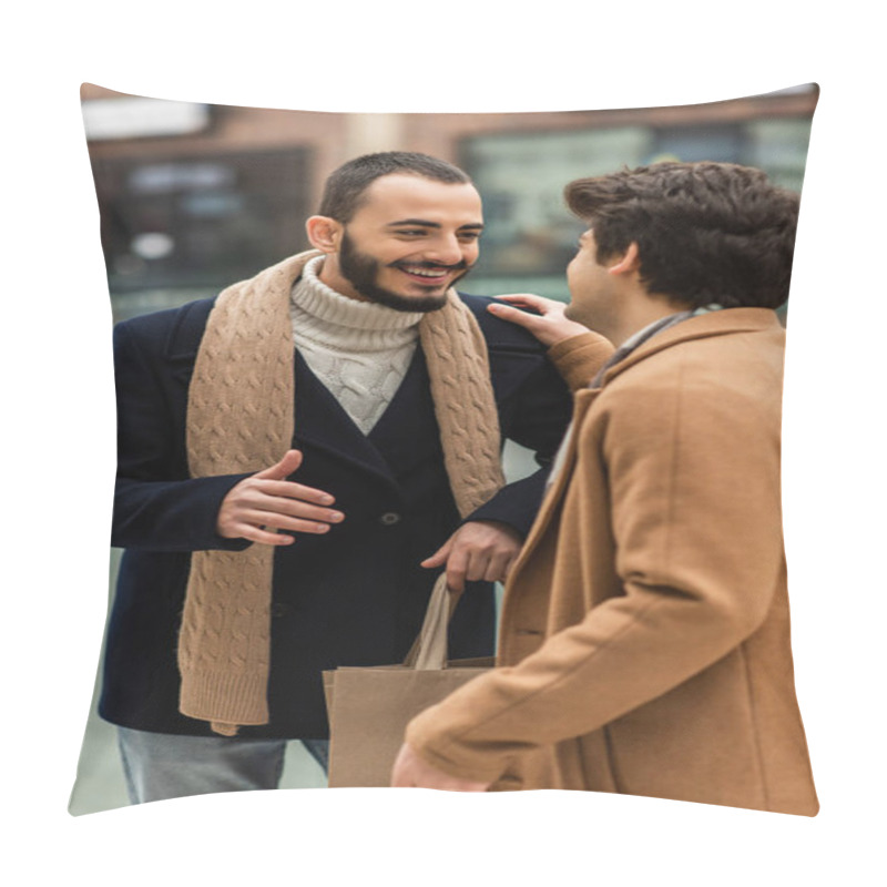 Personality  Cheerful Bearded Gay In Black Coat Holding Shopping Bags While Talking To Boyfriend Touching His Shoulder Pillow Covers