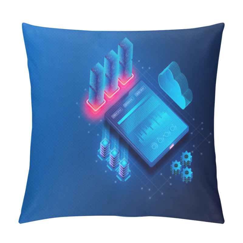 Personality  Cloud Database Software Concept - Device Running Software To Manage Cloud Databases - 3D Illustration Pillow Covers