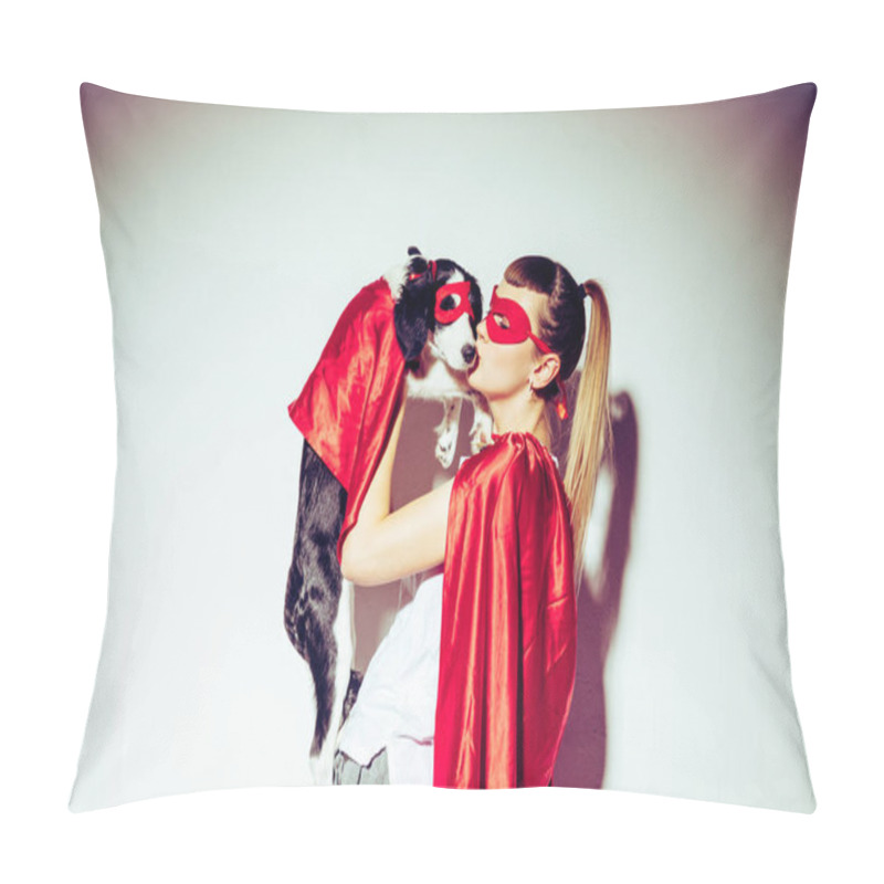 Personality  Side View Of Woman Kissing Puppy In Superhero Costume Pillow Covers