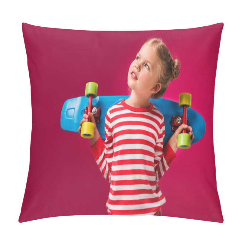 Personality  Adorable Stylish Kid Posing With Penny Board Isolated On Red Pillow Covers