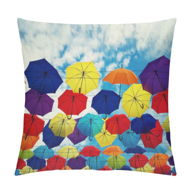 Personality  Colorful Umbrellas Hanging Above A City Street Isolated On Blue Sky Background. Bright Urban Decoration. Pillow Covers