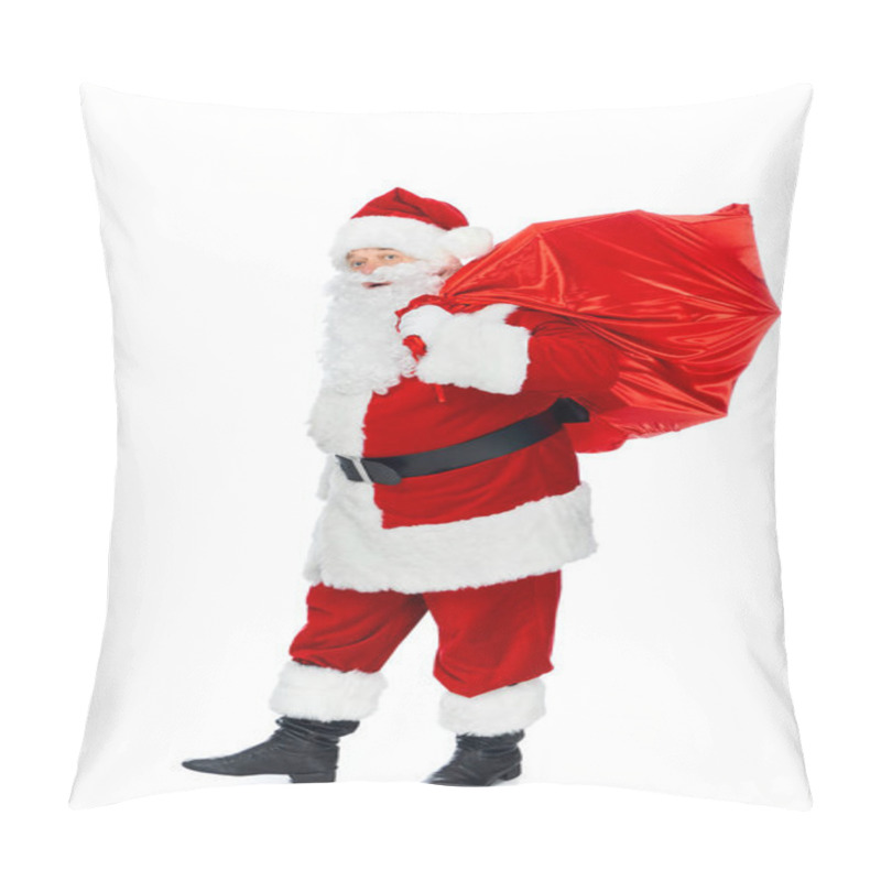 Personality  Santa Claus Carrying Red Christmas Bag Isolated On White Pillow Covers