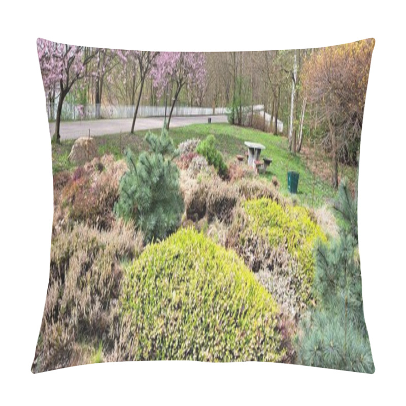 Personality  Flowerbed With Blooming Trees In The Spring Background Pillow Covers