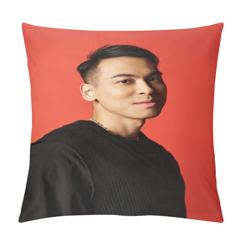 Personality  Handsome Asian Man Exudes Charm In A Black, Standing Confidently Against A Striking Red Backdrop In A Studio Setting. Pillow Covers