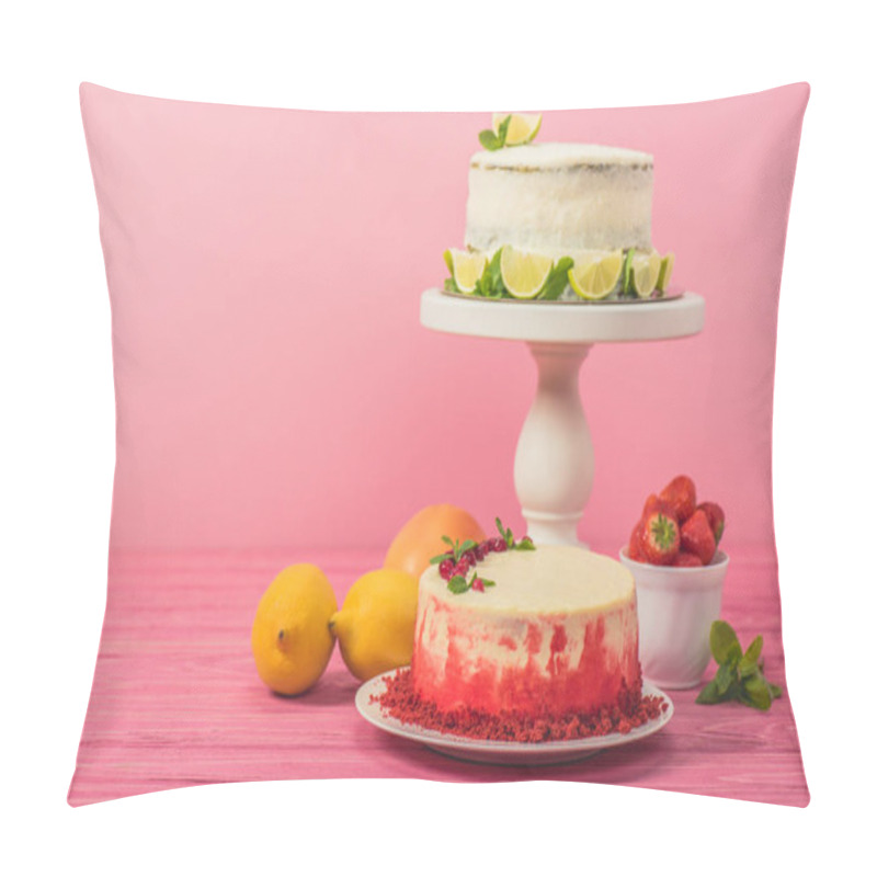 Personality  Cake Decorated With Currants And Mint Leaves Near Fruits And White Cake With Lemon Slices On Pink Wooden Surface Isolated On Pink Pillow Covers