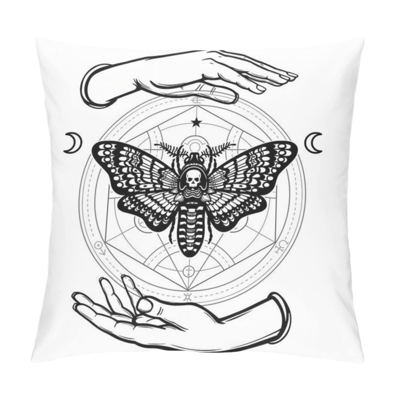 Personality  Human Hands Hold A Moth The Dead Head. Alchemical Circle. Symbols Of The Moon. Mysticism, Esoteric, Sorcery. Coloring Book. Vector Illustration Isolated On A White Background. Pillow Covers