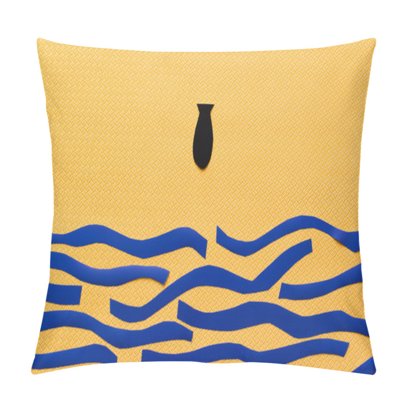 Personality  Top View Of Paper Bomb Above Carton Sea On Textured Yellow Background, War In Ukraine Concept  Pillow Covers