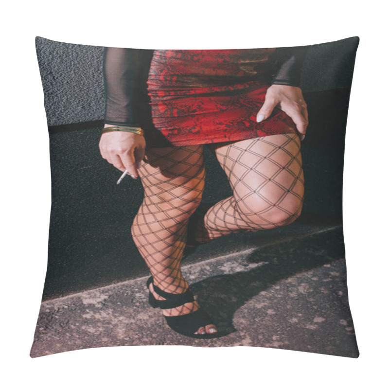 Personality  Cropped View Of Sexy Prostitute In Red Skirt Standing Near Wall With Cigarette  Pillow Covers