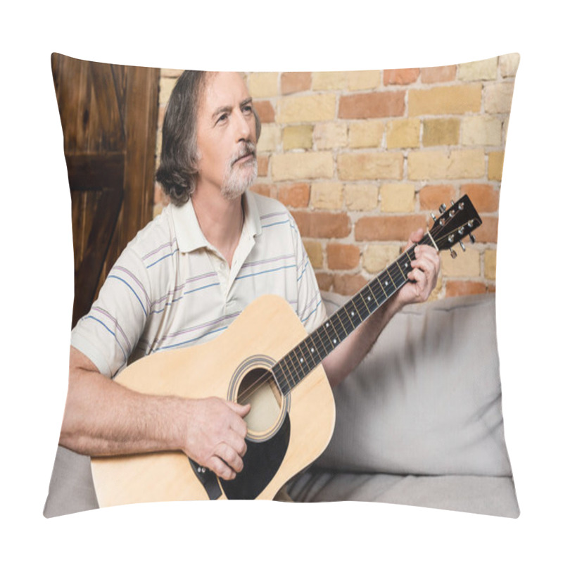 Personality  Bearded And Mature Man Playing Acoustic Guitar  Pillow Covers