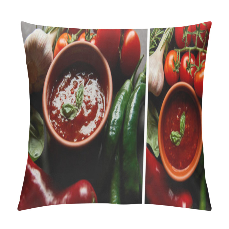 Personality  Collage Of Basil Leaves In Tomato Sauce Near Red Cherry Tomatoes, Rosemary, Garlic And Chili Peppers On Black Pillow Covers