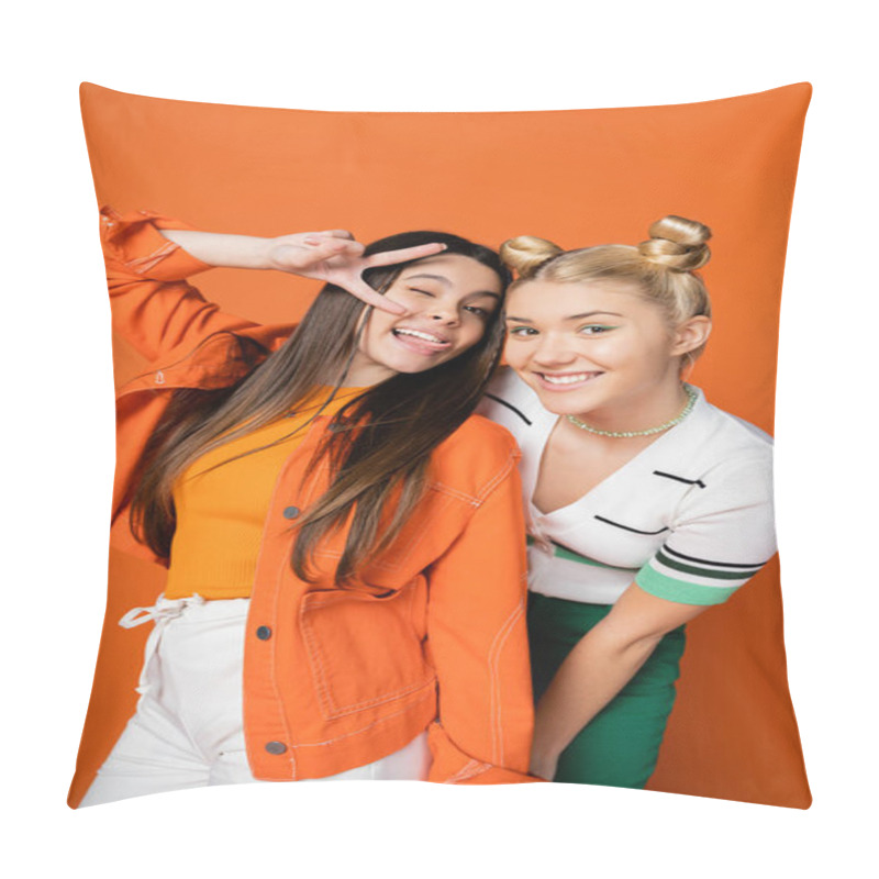 Personality  Cheerful Blonde And Brunette Teenage Girlfriends With Bright Makeup And Stylish Outfits Gesturing And Posing At Camera While Standing Isolated On Orange, Fashionable Girls With Sense Of Style Pillow Covers