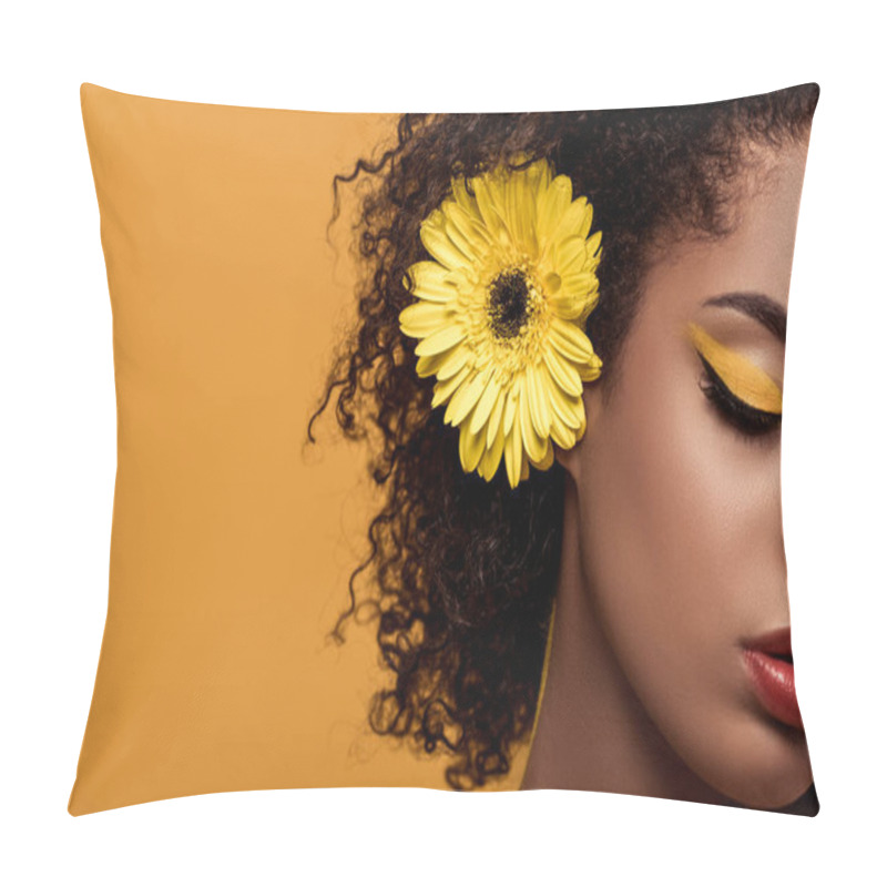 Personality  Close-up Portrait Of Young Sensual African American Woman With Artistic Make-up And Gerbera In Hair Isolated On Orange Background Pillow Covers