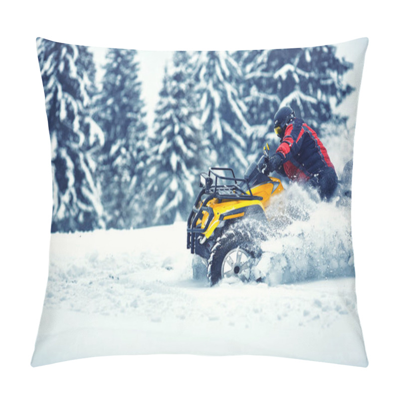 Personality  Rider Driving In The Quadbike Race In Winter In The Forest Pillow Covers