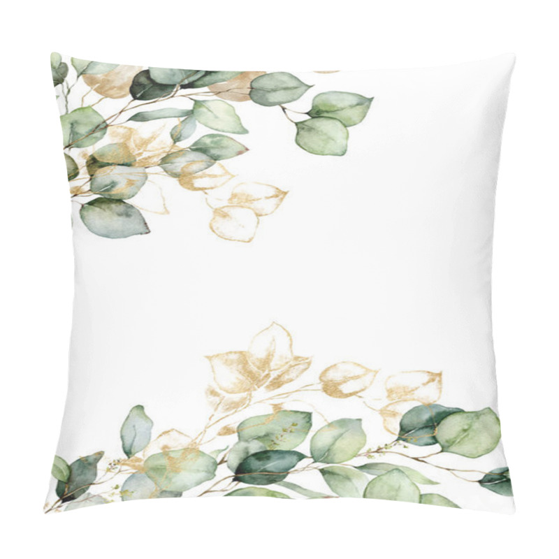 Personality  Watercolor Border Of Gold Eucalyptus Branches And Leaves. Hand Painted Card Of Plants Isolated On White Background. Floral Illustration For Design, Print, Fabric Or Background. Pillow Covers