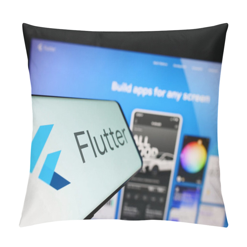 Personality  Stuttgart, Germany - 07-09-2023: Mobile Phone With Logo Of UI Software Development Kit Flutter (Google) On Screen In Front Of Website. Focus On Center-left Of Phone Display. Pillow Covers