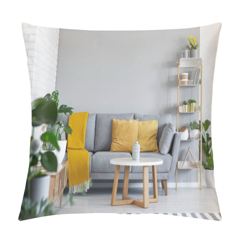 Personality  Orange Pillows And Blanket On Grey Couch In Living Room Interior With Wooden Table. Real Photo Pillow Covers