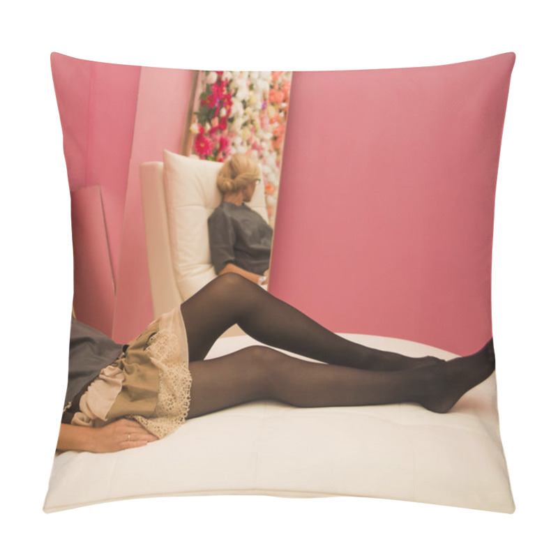 Personality  Blonde Sexual Girl Sitting  On Leather Chair Or White Couch. Luxury Interior Scene.  Pillow Covers