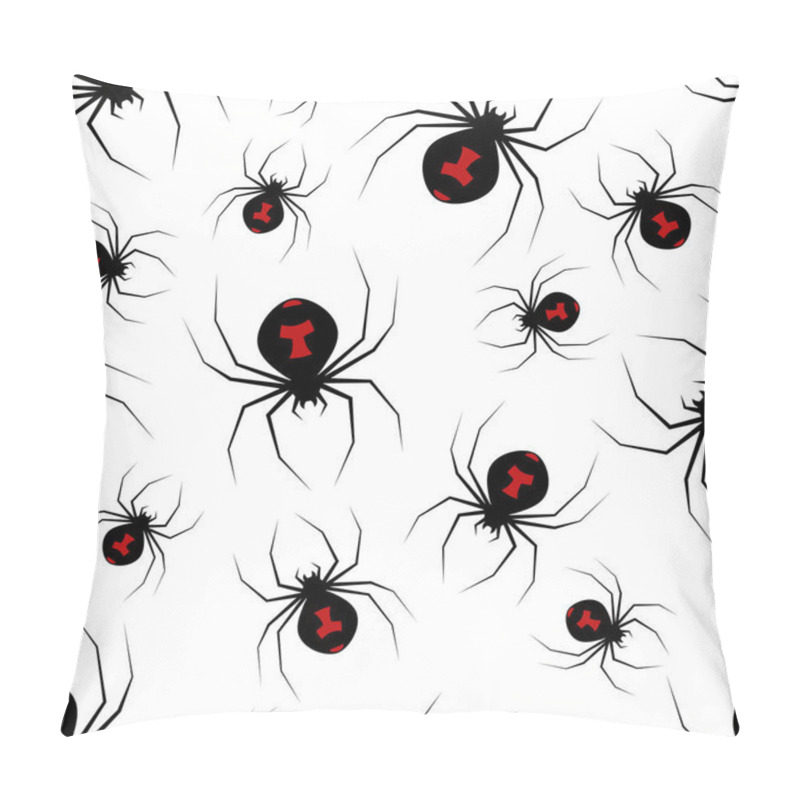 Personality  A Lot Of Poisonous Spider Black Widow In Chaotic Order, Black Spider With Red Spot On Back, Vector Seamless Wallpaper On White Background Pillow Covers