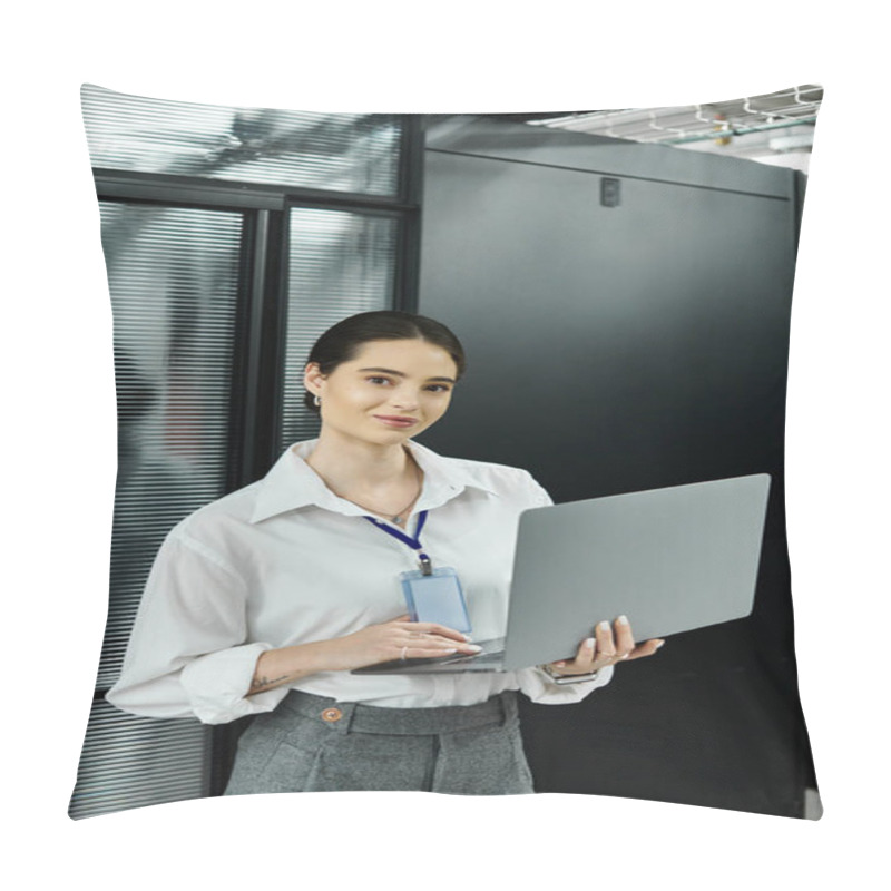 Personality  A Woman In A White Shirt Concentrates On Her Laptop In A High-tech Server Room. Pillow Covers